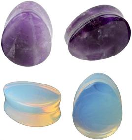 img 4 attached to 🌙 2 Pairs Opalite Moon Stone Amethyst Ear Gauges Plugs Tunnels Expanders | Natural Organic Stone Double Flared Piercing Body Jewelry