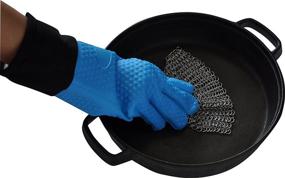 img 3 attached to A1cover Cast Iron Cleaner: Premium Stainless Steel Chainmail Scrubber 8x8 Inch with Silicone Glove and Mini Oven Mitts