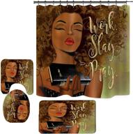 african american afro women bathroom decor set - brown shower curtains with matching rugs, washable toilet lid cover, non-slip absorbent mats and waterproof bath curtain with plastic hooks logo