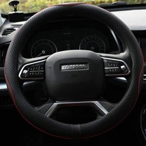 img 3 attached to 🚗 Rueesh Microfiber Leather Steering Wheel Cover - Anti-Slip, Matte Finish, Universal 15 Inch Car Wheel Cover with Red Line Embossing Pattern
