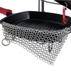 img 4 attached to 🧼 XL 8"x6" Stainless Steel 316 Chainmail Cast Iron Skillet Cleaner - Pre-Seasoned Pan Scrubber with Chain Scrubbing Pad, Scrub Brush, and Metal Scraper - Ideal for Cleaning Cast Iron Pots, Griddles, Woks, and Pans