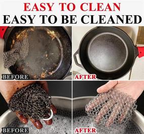 img 2 attached to 🧼 XL 8"x6" Stainless Steel 316 Chainmail Cast Iron Skillet Cleaner - Pre-Seasoned Pan Scrubber with Chain Scrubbing Pad, Scrub Brush, and Metal Scraper - Ideal for Cleaning Cast Iron Pots, Griddles, Woks, and Pans