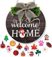 🎃 wooden seasonal wall hanging porch sign, interchangeable welcome sign front door decor with plaid bow, outdoor/indoor decorations for halloween, christmas, housewarming gifts логотип