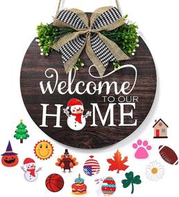 img 4 attached to 🎃 Wooden Seasonal Wall Hanging Porch Sign, Interchangeable Welcome Sign Front Door Decor with Plaid Bow, Outdoor/Indoor Decorations for Halloween, Christmas, Housewarming Gifts