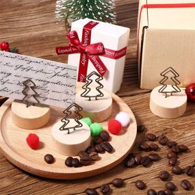 img 3 attached to 🌲 15 Pack Yaomiao Wooden Base Place Card Holders with Rustic Iron Wire Picture Clip Stand - Christmas Party Decoration, Memo Note, and Photo Clip Holder (Tree Design)