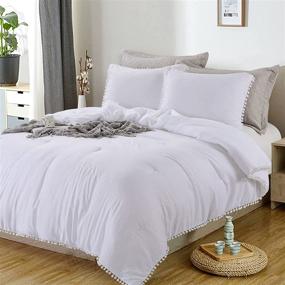 img 3 attached to 🛏️ Ultra Soft Brushed Microfiber Comforter Set King Size with 2 Ball Fringe Pillowcases - HOMBYS Pom Poms Lightweight Bedding, White, Down Alternative