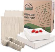 🌱 balffor square disposable compostable biodegradable eco-friendly plates & silverware - 250 count set with heavy duty cornstarch cpla forks, spoon, knives & sugarcane bagasse 10 and 8 inch plates - includes e-book logo