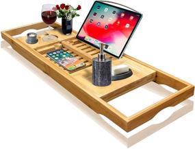 img 4 attached to 🛀 Wood Bamboo Luxury Bath Caddy by Nature Gear - Bathtub Tray with Extendable Arms for Books, Tablets, and Smartphones