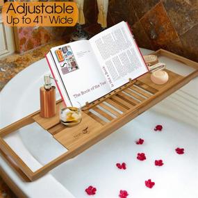 img 2 attached to 🛀 Wood Bamboo Luxury Bath Caddy by Nature Gear - Bathtub Tray with Extendable Arms for Books, Tablets, and Smartphones