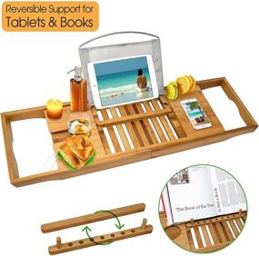 img 1 attached to 🛀 Wood Bamboo Luxury Bath Caddy by Nature Gear - Bathtub Tray with Extendable Arms for Books, Tablets, and Smartphones