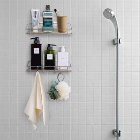 img 3 attached to Wall Mounted Bamboo Shower Caddy Shelf - Bathroom Storage Organizer for Shampoo, Conditioner, Razor, and More! Adhesive Floating Shelves with Hooks for Convenient Shower Organization