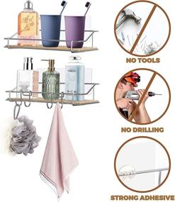 img 2 attached to Wall Mounted Bamboo Shower Caddy Shelf - Bathroom Storage Organizer for Shampoo, Conditioner, Razor, and More! Adhesive Floating Shelves with Hooks for Convenient Shower Organization