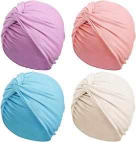 img 4 attached to 🎀 SATINIOR 4-Piece Turbans for Women - Soft, Pre-Tied Knot, Fashionable Pleated Turban Cap Beanie Headwrap Sleep Hat in 4 Colors