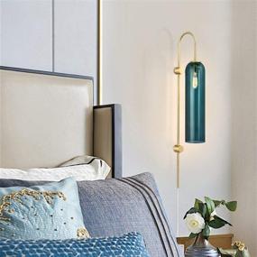 img 1 attached to BOKT Vintage Mid Century Plug in Wall Sconces with Long 💡 Tube Glass Shade - Dark Green Vanity Light Fixture for Bedroom, Bathroom, Bedside