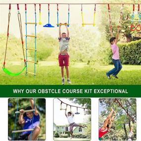 img 2 attached to 🧗 OYEL Kids Ninja Warrior Obstacle Course: 50FT Ninja Slackline Kit with Monkey Rings, Monkey Bars, Rope Knots, Rope Ladder, Ring Swing Bar, Hanging Disc, Swing