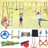 🧗 oyel kids ninja warrior obstacle course: 50ft ninja slackline kit with monkey rings, monkey bars, rope knots, rope ladder, ring swing bar, hanging disc, swing logo