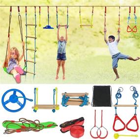 img 4 attached to 🧗 OYEL Kids Ninja Warrior Obstacle Course: 50FT Ninja Slackline Kit with Monkey Rings, Monkey Bars, Rope Knots, Rope Ladder, Ring Swing Bar, Hanging Disc, Swing