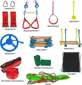 img 3 attached to 🧗 OYEL Kids Ninja Warrior Obstacle Course: 50FT Ninja Slackline Kit with Monkey Rings, Monkey Bars, Rope Knots, Rope Ladder, Ring Swing Bar, Hanging Disc, Swing