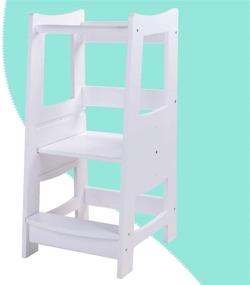 img 4 attached to 🪜 EGREE Toddlers Kitchen Step Stool with Safety Rail | Kids Wooden Standing Tower for Kitchen Counter and Bathroom Sink | Adjustable 3 Heights Step Up Stool Mothers' Helper | Solid Wood Construction | White