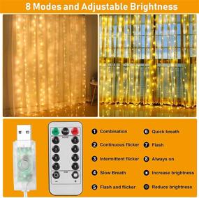 img 3 attached to Remote Control Window Curtain String Lights: 8 Modes, 9.8x9.8Ft 300 LED USB Plug in Copper Wire Lights for Bedroom Wedding Party Home Wall Decorations (Warm White)