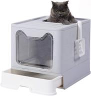 premium large foldable cat litter box with lid - efficient & anti-splashing cat supplies - top entry design - includes pet plastic scoop - grey logo