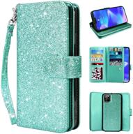 📱 newseego compatible iphone 11 pro max leather case 6.5 inch - green glitter faux pu leather wallet cover with card slots and wrist strap logo