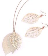 boho gold-tone multi tiered leaves necklace and earring set for women - nvenf delicate chain dangle necklace and simple leaf statement earrings logo