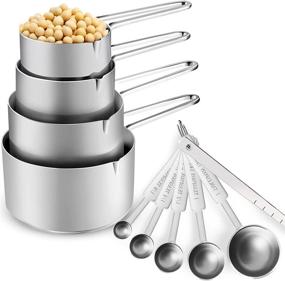 img 4 attached to 🥄 10-Piece Stainless Steel Measuring Cups and Spoons Set with Spout - Stackable Metal Measure Kit for Baking & Cooking (4 Cups + 6 Spoons)