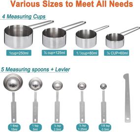 img 3 attached to 🥄 10-Piece Stainless Steel Measuring Cups and Spoons Set with Spout - Stackable Metal Measure Kit for Baking & Cooking (4 Cups + 6 Spoons)