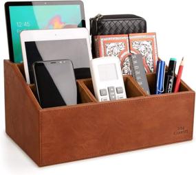 img 4 attached to LAMOTI Brown Leather Desktop Organizer with Coaster - Large Capacity, Handcrafted, 5 Compartments for Effective Desk Unification