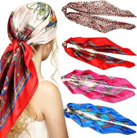 img 4 attached to 🧣 Set of 4 x 35 Inch Satin Head Scarves - Large Square Head Scarf Hair Bandanas for Women - Boho Style