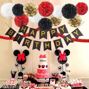 img 3 attached to 🎉 InBy Mickey Minnie Mouse Red Black Gold White Happy Birthday Baby Shower Party Decoration Supply Kit - 'Happy Birthday' Banner, Tissue Pom Poms, Clover Garland