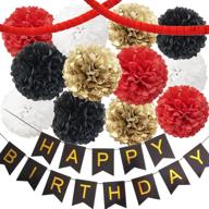 🎉 inby mickey minnie mouse red black gold white happy birthday baby shower party decoration supply kit - 'happy birthday' banner, tissue pom poms, clover garland logo