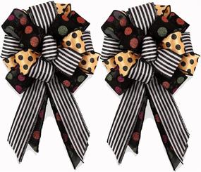 img 4 attached to 2 Extra Large Halloween Tree Topper Bows, 23x11inch Wreath Bow - Black White Plaid with Gold Orange Dot Holiday Decorative Bows for Halloween Party Home Decoration