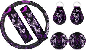 img 4 attached to Stylish Butterfly Print 7 Piece Car Accessories Set for Women and Girls - Seat Belt Pads, Cup Mats, Keychain, Steering Wheel Cover