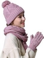 🧣 warm pom beanie with cable knit gloves and long scarf - women's 3-piece cold winter gift set logo