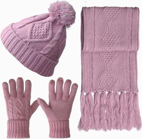 img 3 attached to 🧣 Warm Pom Beanie with Cable Knit Gloves and Long Scarf - Women's 3-Piece Cold Winter Gift Set