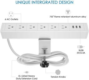 img 3 attached to 🔌 CCCEI Metal 6 Outlet Desk Clamp Power Strip with Surge Protector, Large Desktop Mount Outlet Including 3 USB Ports, Fit for 1.8 inch Tabletop Edge Thickness. Includes 6FT Power Cord. (White)