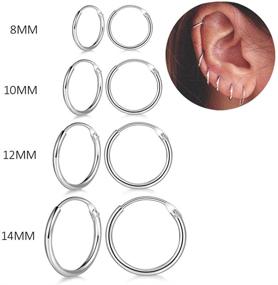 img 1 attached to Set of 4 Pairs of Hypoallergenic Sterling Silver Cartilage Small Hoop Earrings, 14K White Gold Plated Endless Helix Tragus Earrings, Nose Lip Rings - Sizes 8mm, 10mm, 12mm, 14mm