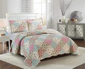 img 4 attached to Sunshine Pink and Green Rose Patchwork Quilt Set - Reversible Bedspread, Lightweight Coverlet - All-Season, Full/Queen Size - Pink Green Tones