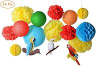 colorful parrot tropical birds party decorations: paper jazz 16pcs honeycomb pom poms & lanterns for fiesta, wedding, birthday, beach luau, tiki party (yellow/blue/green) logo