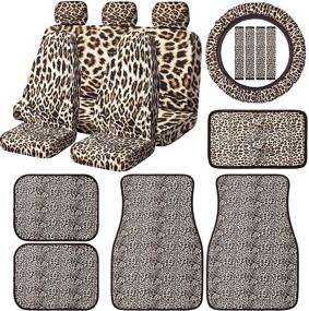 img 4 attached to 🐆 Complete Leopard Print Car Seat Cover Set with Floor Mats, Steering Wheel Cover, and Accessories