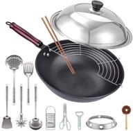 🍳 dzzit 13-inch carbon steel wok, 14-piece round bottom wok set with lid, chemical-free chinese wok, includes 12 cookware accessories, detachable wooden handle, for gas stove or cassette furnace logo