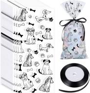 100 pieces white dog paw bone print cellophane treat bags with ribbon ties - perfect for pet treats, candy, or gifts - ideal for dog paw themed parties or party favors logo