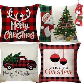 img 4 attached to Set of 4 Christmas Decorations Throw Pillow Covers 18x18 with 2 Christmas Stockings, Red Buffalo Plaid or Xmas Pillow Cases for Home and Bed, Christmas Cushion Case