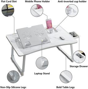 img 3 attached to Планшет Marble Finish TIYUMIKI: Складной ноутбучный стол с выдвижным ящиком для хранения, портативный стол-подставка, регулируемая подставка для ноутбука на кровати, стол-поднос для еды и работы в постели, чтения на кровати/диване/полу.