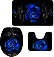 🛁 transform your bathroom with hugs idea's elegant 3 piece bathroom rug set: blue rose pattern non slip toilet seat cover, bath mat, and lid covers - stylish and functional home decor логотип