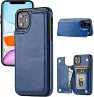 joyaki iphone 11 wallet case - premium leather card holder & kickstand cover with free screen protector - steelblue logo