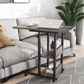 img 3 attached to 🌙 32 Inch Grey Height Adjustable Side Table with Storage and Wheels - C Shaped End Table for Living Room Bedroom, Portable Mobile Rolling Sofa Side Table