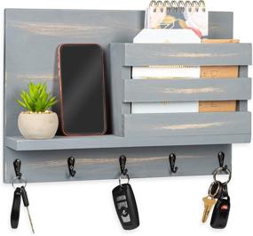 img 4 attached to Ilyapa Key And Mail Holder For Wall - Mail Organizer Wall Mount With Decorative Shelf - Rustic Gray Wooden Wall Key Holder With 5 Metal Hooks